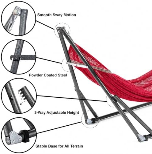 Best Home Fashion Portable Hammock with Collapsible Steel Stand, 450 lbs Capacity, No Tools Assembly, Carrying Bag Included, Perfect for Indoor Outdoor Backyard Patio Camping Beach, Red