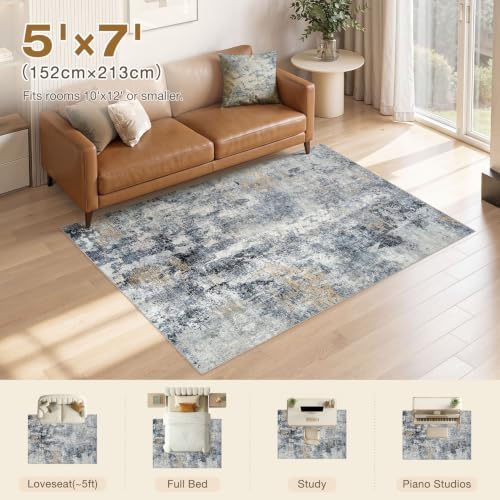WITSHOCK 5x7 Area Rug Washable Abstract Rugs for Living Room Blue/Brown