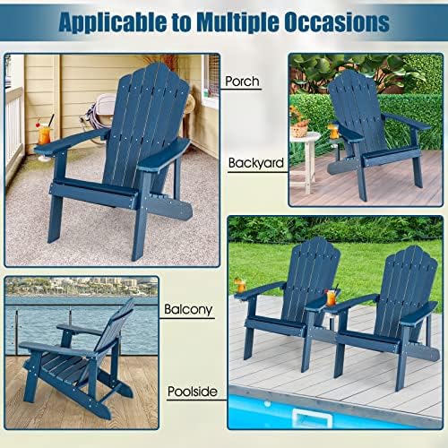 Giantex Outdoor Adirondack Chair - Oversized Patio Chairs w/Hidden Cup Holder, Realistic Wood Grain, 380 LBS Weight Capacity, Weather Resistant Firepit Chairs for Backyard, Garden (1, Navy)