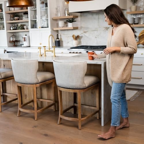 Maven Lane Hugo Counter Stool, Weathered Oak, Sand Color, 26"