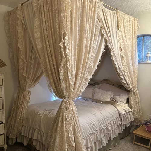 TUDECO Beige Lace Ruffle Curtains 80 Inch Length, Rustic Floral 2 Panels