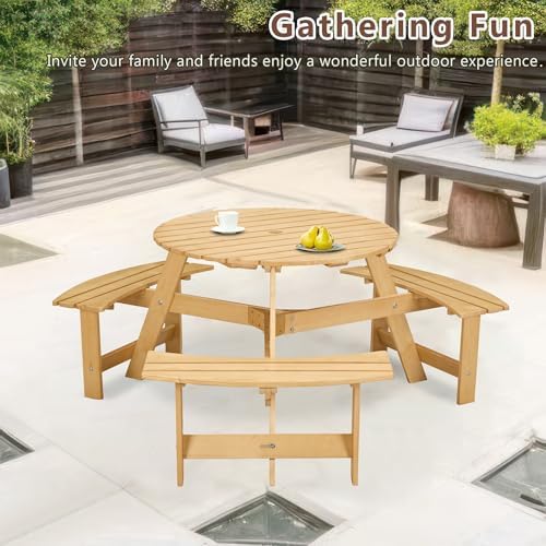Round 6 Person Outdoor Picnic Table with 3 Built-in Benches