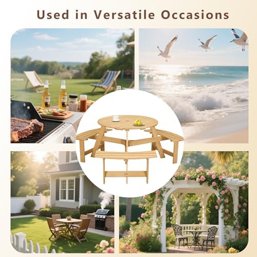Round 6 Person Outdoor Picnic Table with 3 Built-in Benches