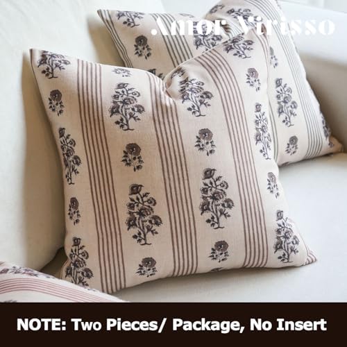Amor Virisso Floral Throw Pillow Covers 20x20 Set of 2 Block Print Pillow Covers Neutral Floral Striped Farmhouse Decorative Pillow Covers for Sofa Couch Bed, Brown