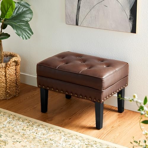 Glitzhome Mid-Century Faux Leather Ottoman, Modern Accent Stool PU Leather Foot Stool, Vanity Stool Ottoman Foot Rest Make Up Stool for Living Room, Coffee