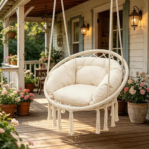 Monibloom Hanging Hammock Chair Macrame Swing with Cushion, Beige