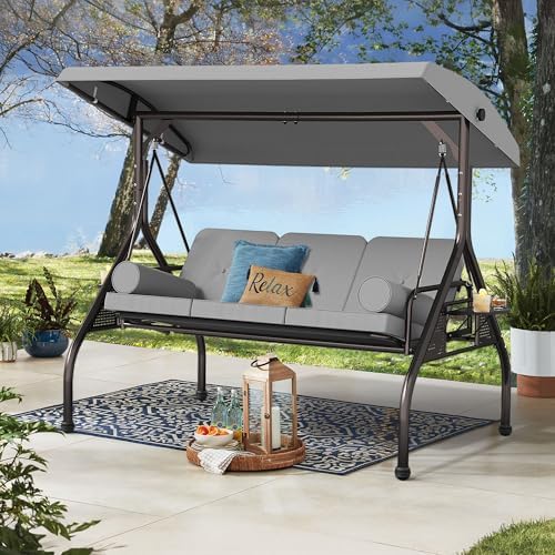SUNCROWN Outdoor 3 in 1 Porch Swing Chair, 3 Seat Patio Swing Glider with Adjustable Canopy, Heavy Duty Swings with Thickened Cushions, Pillows & Cup Holders for Backyard, Porch, Garden,Grey