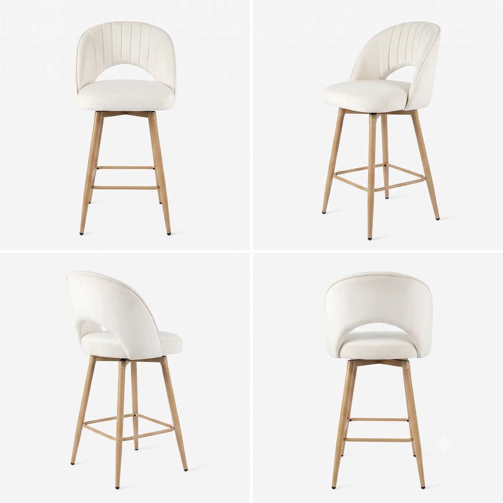 Swivel Bar Stools Set of 4, Counter Height Barstools for Kitchen Island, 26" Seat Height Bar Chairs for Dining Room, Velvet Upholstered Bar Stool with Back and Footrest, White