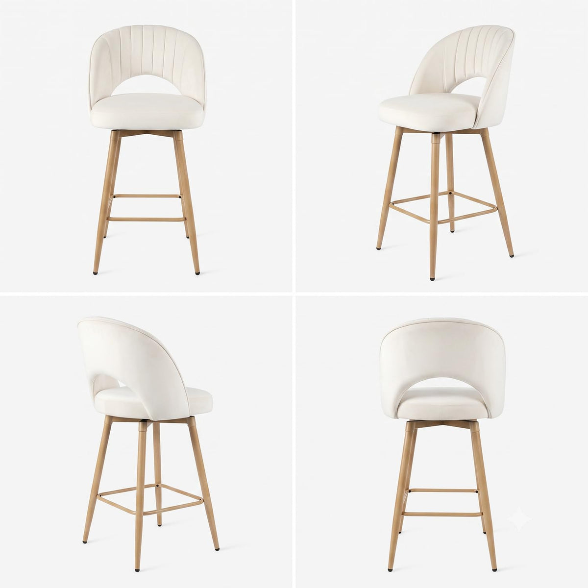 Swivel Bar Stools Set of 4, Counter Height Barstools for Kitchen Island, 26" Seat Height Bar Chairs for Dining Room, Velvet Upholstered Bar Stool with Back and Footrest, White