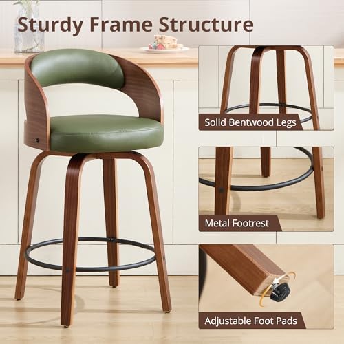 Swivel Bar Stools Set of 2,26" Faux Leather Upholstered Counter Height Barstools with Back,Mid-Century Modern Bar Chairs with Bentwood Legs and Footrest for Kitchen Island Bar Counter Green