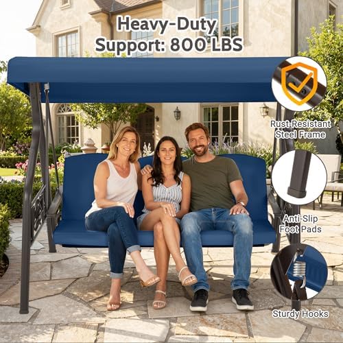 3-Seat Outdoor Porch Swing with Stand for Adults, 800lbs Convertible Swing Bed & Patio Swing with Canopy, Deep Cup Holder, Reinforced Seat, Thicken Cushions for Garden, Yard & Balcony, Blue