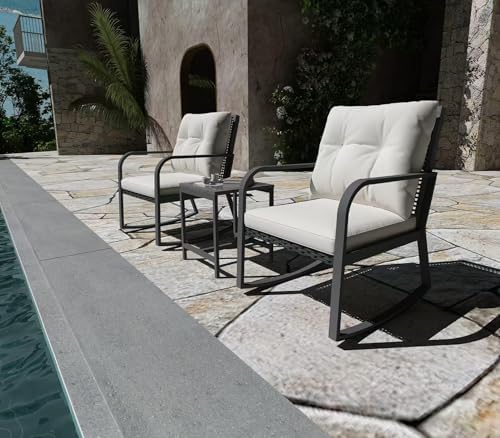 Bistro 3 Piece Patio Furniture Set, Patio Table and Rattan Outdoor Rocking Chairs Set of 2, Outdoor Bistro Conversation Set for, Garden, Balcony, Poolside, Backyard, Beige
