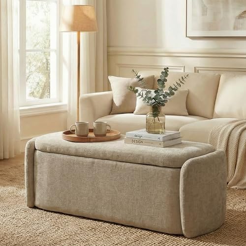 VKNOW Storage Bench, Upholstered Storage Ottoman Bench with Hinge, Khaki