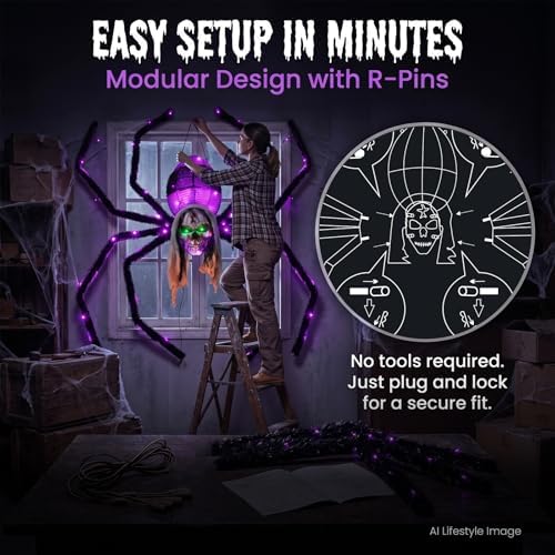 52" Halloween Giant Skull Face Spider, Lighted Outdoor Decoration with Flashing Red & Green Eyes, 70 LED Glowing Spider for Yard, Lawn, Porch, Haunted House Decor (52" Wall-Mounted)
