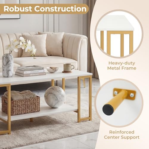 GIANTEX 2-Tier Coffee Table with Storage, 39.5" Center Table, Gold & White
