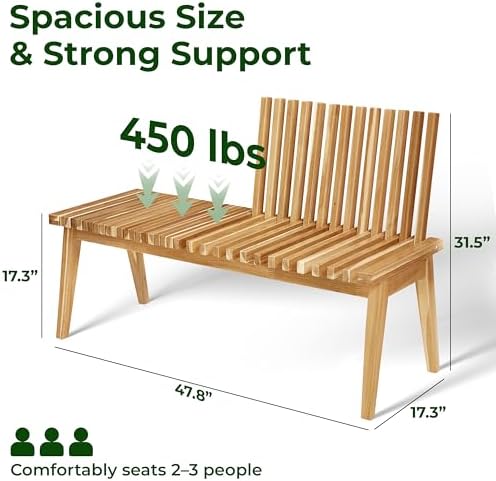 Melino Wooden Bench Outdoor 47" Convertible Acacia Wood Bench, Solid Wood Indoor Patio Benches for Outdoors, 3 in 1 Garden Bench for Porch Entryway Living Room Backyard Deck, Natural