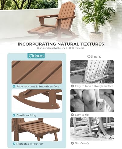 Ciokea Adirondack Rocking Chair with Footrest, Foldable HDPE Rocker (Teak)