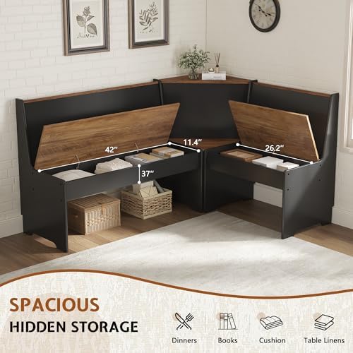 LUXOAK 3-Piece Corner Dining Set with Hidden Storage, Black Oak
