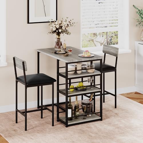 Dining Table Set for 2 with 3 Storage Shelves, 3-Piece Counter Height Kitchen Table Set with 2 Upholstered Bar Stools, Bar Table and Chairs Set for Small Space, Gray