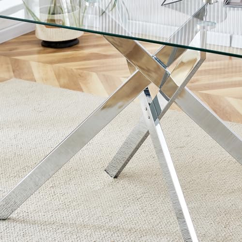5 Piece Glass Dining Table Set Modern Glass Dining Table Set for 4, 51" Rectangular Kitchen Table and 4 Velvet Upholstered Chairs for Kitchen Dining Room, Silver Table & Blue Chair