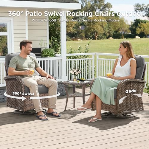 Luxury Patio Furniture Set with 42.5" Fire Pit Table, 6-Inch Thick Cushions Wicker Outdoor Furniture with Wicker Swivel Patio Chairs Set of 2, Patio Conversation Set for Deck Garden Porch, Gray