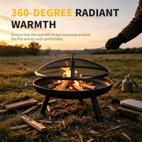 23inch Portable Fire Pit with Fire Poker and Spark Screen, 2 in 1 Small Round Outdoor Fireplace for Outside Heating, Bonfire Party, Camping, Backyard, Patio, Garden, RV Trip