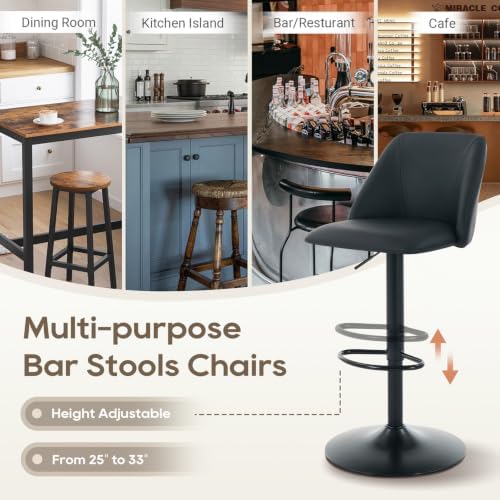 COLAMY Bar Stools Set of 3, Modern Swivel Bar Chairs, Adjustable PU Leather Upholstered Barstools Counter Height with Full Backrest for Bar, Dining Room, Kitchen Island, Black