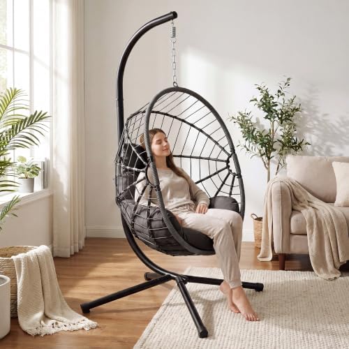 LEX CRAFT Hanging Egg Chair with Stand, Swinging Egg Chair Outdoor Indoor, Hanging Basket Chair with Cushion, Patio Wicker Hammock Chair 350lbs Capacity (Gery-Gery)