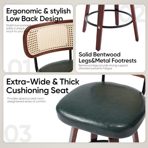 KEEZY Natural Rattan Bar Stools Set of 2, 26 Inch Counter Height Barstools with Backs, PU Leather Seat, 360° Swivel, Wood Legs, Mid-Century Modern Bar Chairs for Kitchen Island, Home Bar(Dark Green)