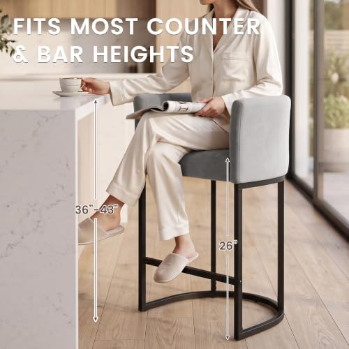 GRUSIGN Chenille Counter Height Bar Stools Set of 2, 26" Kitchen Island Stools with Arms & Footrest, Upholstered Barrel Back Bar Chairs for Kitchen, Dining Room, Bar & Lounge Area, Grey