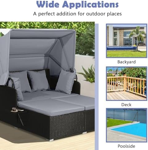 Tangkula Patio Rattan Daybed with Retractable Canopy, Outdoor Wicker Sunbed Lounger with 2 Foldable Side Tables, Thick Seat & Back Cushions, Outside Double Daybed for Garden, Backyard, Porch (Grey)