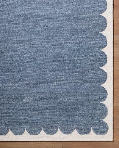 Hauteloom Kazuto Wool Living Room, Bedroom Area Rug - Scalloped Border Plain - Contemporary Modern Minimalist Transitional Scandinavian - Slate Blue, Ivory, Blue, White, Cream - 9' x 12'