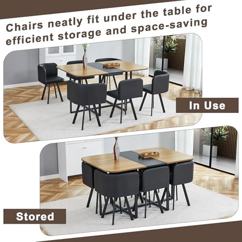 7-Piece Dining Table Set for 6,Modern Dining Room Table Set for 6 with Cushioned Chairs,59" Wood Kitchen Table Set for Home, Apartment,Office,Conference Room,Small Spaces, Space-Saving