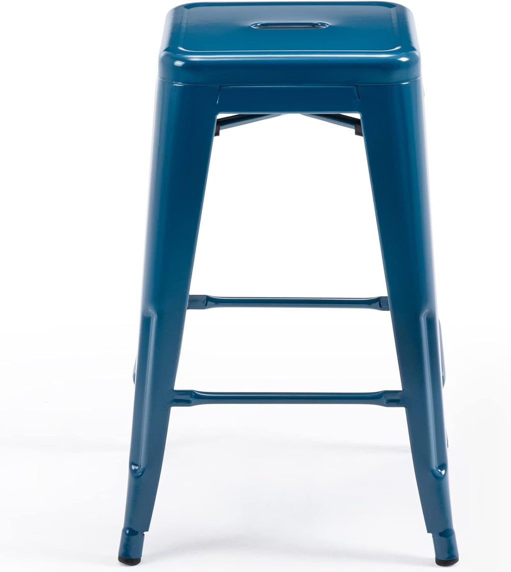 24 Inch Metal Bar Stools Set of 2, Stackable for Indoor Outdoor, Deep Blue