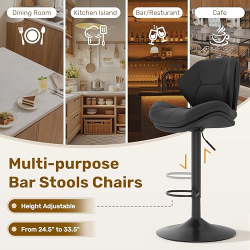 Nalupatio Swivel Bar Stools Set of 2, Double-Layer Filled Upholstered Bar Stools with Back, Adjustable Height Barstools, Faux Leather for Kitchen Island (Black)