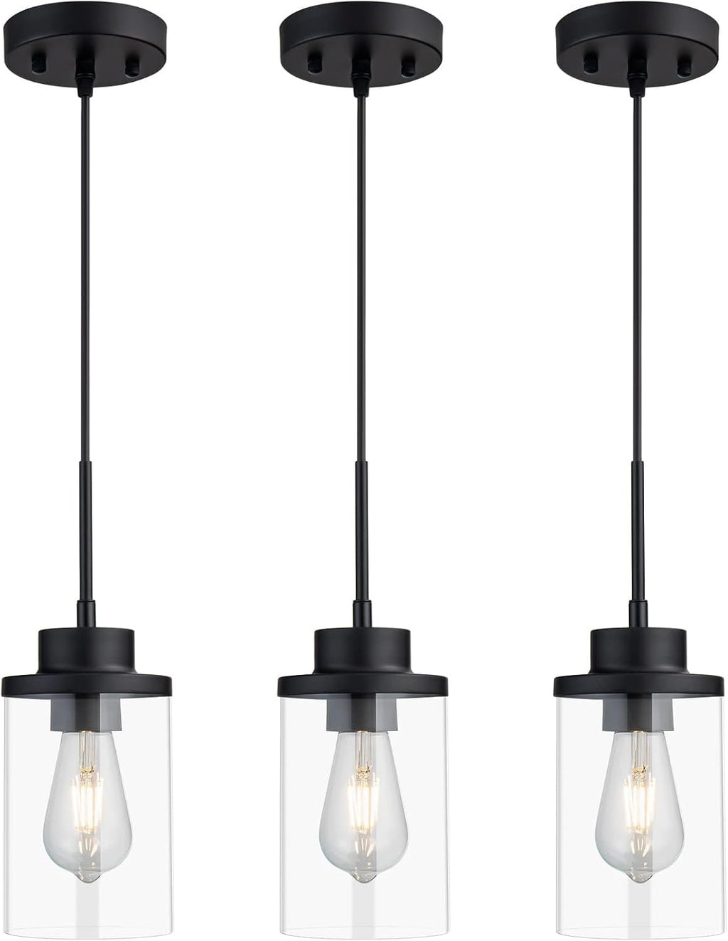Black Farmhouse Clear Glass Cylinder Pendant Light, Modern Hanging Fixture (3 Pack)