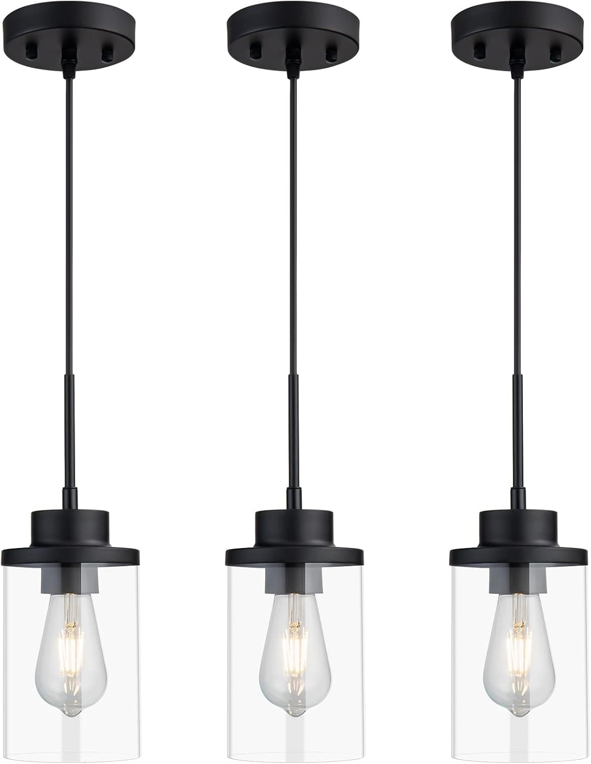 Black Farmhouse Clear Glass Cylinder Pendant Light, Modern Hanging Fixture (3 Pack)