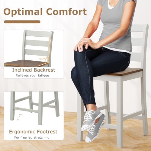 GIANTEX Counter Height Bar Stools Set of 4, 24" Farmhouse Bar Dining Chairs with Backs, Rubber Wood Footrest, Acacia Wood Legs, Wooden Barstools for Kitchen Island Pub Restaurant, Light Grey