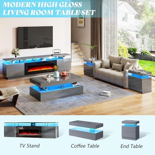 AMERLIFE 3-Piece High Gloss Coffee Table Set with LED Lights