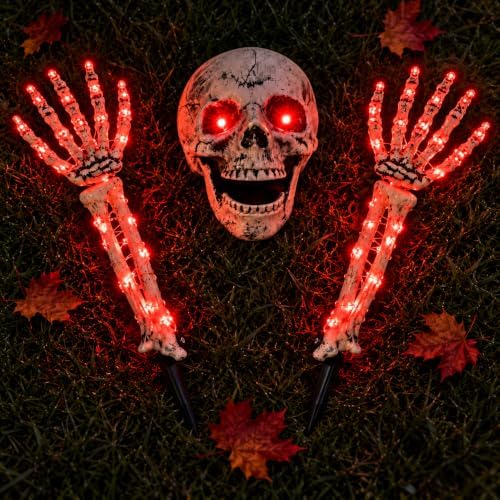 Halloween Skeleton Decorations Outdoor, Light Up Skull Head & Skeleton Ha...