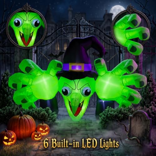 6FT Giant Halloween Inflatables Wicked Witch with Huge Grabbing Hands, LED Halloween Blow Ups Decorations, Creepy Inflatable Halloween Decorations Outdoor for Yard, Lawn, Garden, Porch and Party