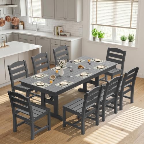 KINGYES Outdoor Dining Set,84'' Table w/Umbrella Hole & Armless Chairs,Grey