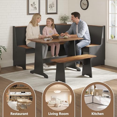 LUXOAK 3-Piece Corner Dining Set with Hidden Storage, Black Oak