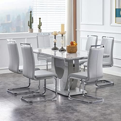 JUFU 7 Piece Dining Table Set for 6, 63 Inch Faux Marble Rectangular Kitchen Table and Chairs Set, Modern Dining Room Table Set with U-Shaped Pedestal Base & 6 Light Gray PU Leather Cantilever Chairs