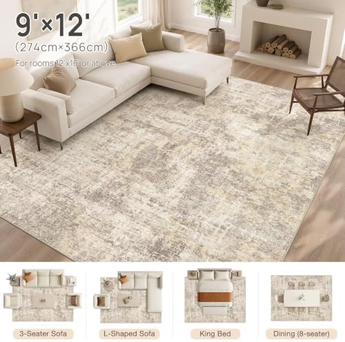 cotiled 9x12 Area Rug for Living Room: Washable Soft Abstract Rugs Beige