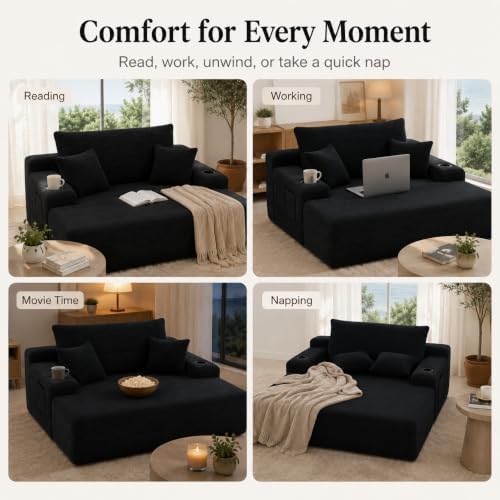 67" Oversized Chaise Lounge Chair Indoor, Corduroy Cloud Couch with 3 Pillows, Deep Seat Sleeper Sofa, No Assembly Required, Comfy Reading Chair for Living Room/Bedroom (Black)
