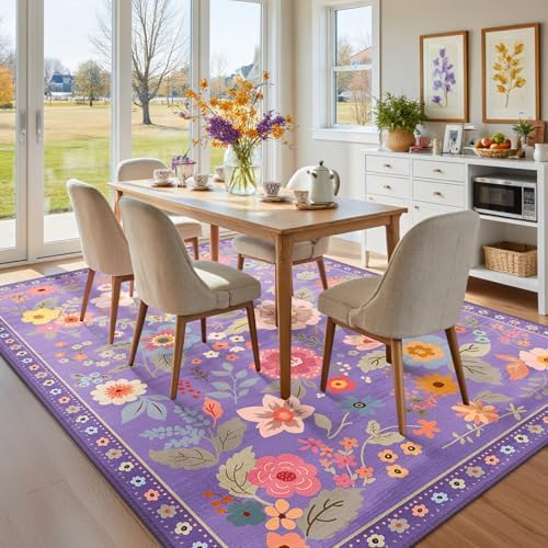 RELEANY Floral Washable 8x10 Area Rugs Purple/Pink