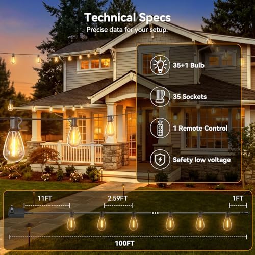 200FT Outdoor String Lights with Remote, Waterproof Patio Lights with 72+2 Shatterproof LED Bulbs,Dimmable Hanging Decor for Backyard Garden Porch Bistro, Timer & 3 Modes,2200K Warm White