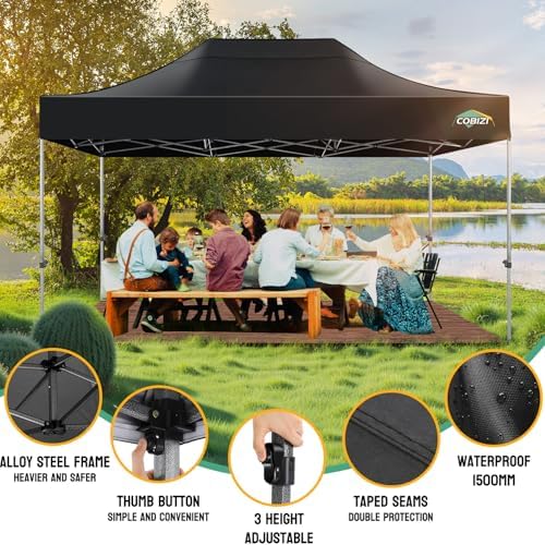 COBIZI 10x15 Heavy Duty Pop Up Canopy Tent with 4 Sidewalls, Black