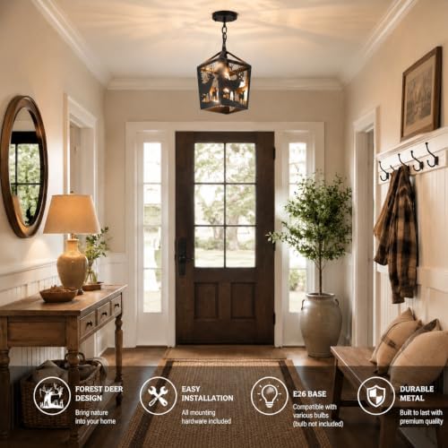 farmhouse rustic deer pendant light, 2 pack metal, front angle view